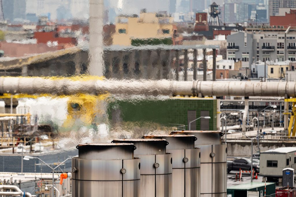 Flare towers at Newtown Creek Wastewater Treatment Plant in Greenpoint