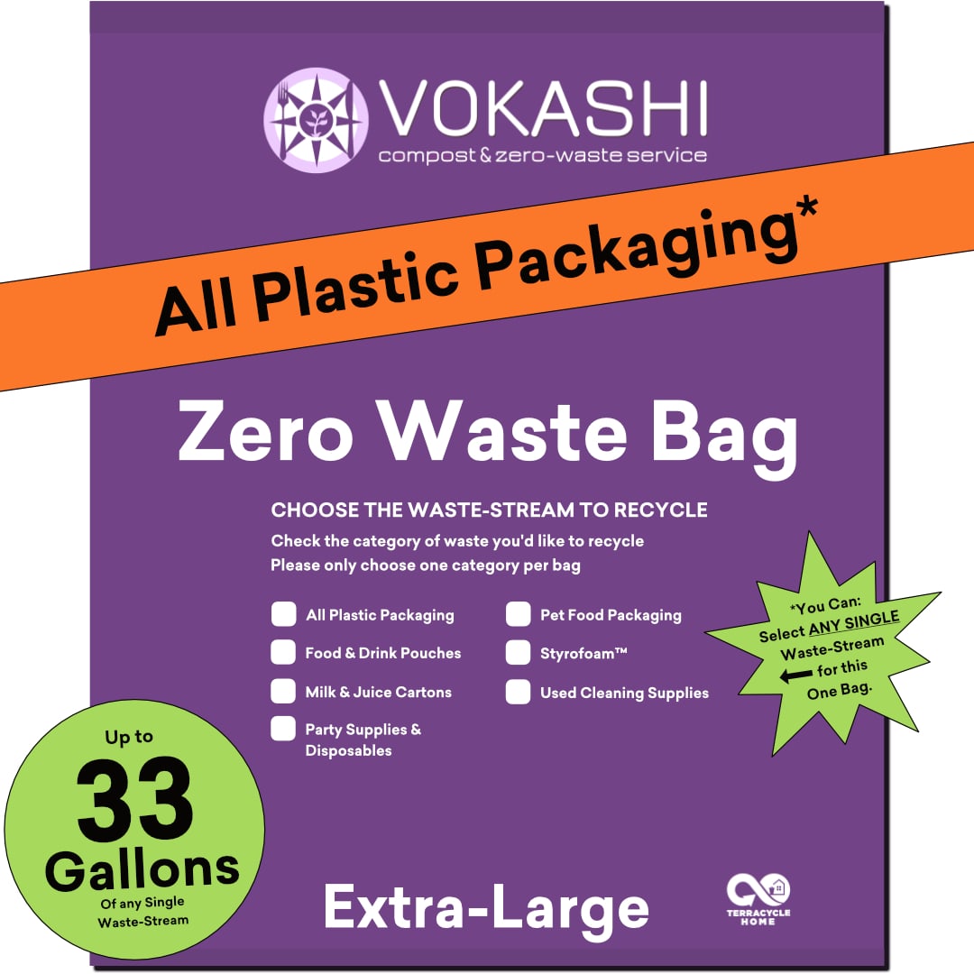 A 33 Gallon, Extra-Large, purple bag for recycling All Plastic Packaging or other hard-to-recycle waste streams