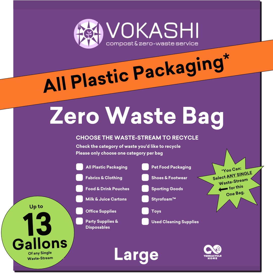 A 13 Gallon, Large, purple bag for recycling All Plastic Packaging or other hard-to-recycle waste streams