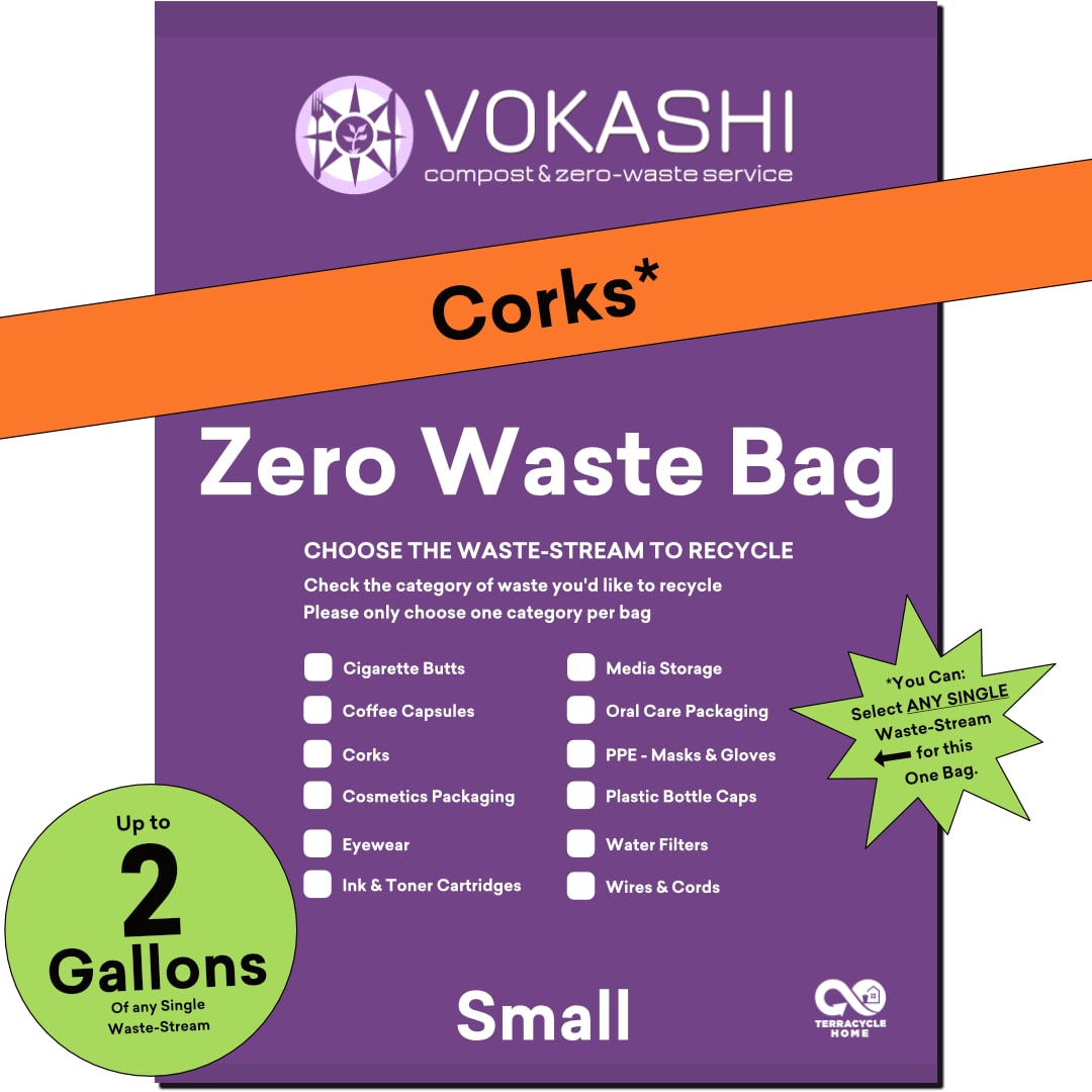 A 2 Gallon, Small, purple bag for recycling Corks or other hard-to-recycle waste streams