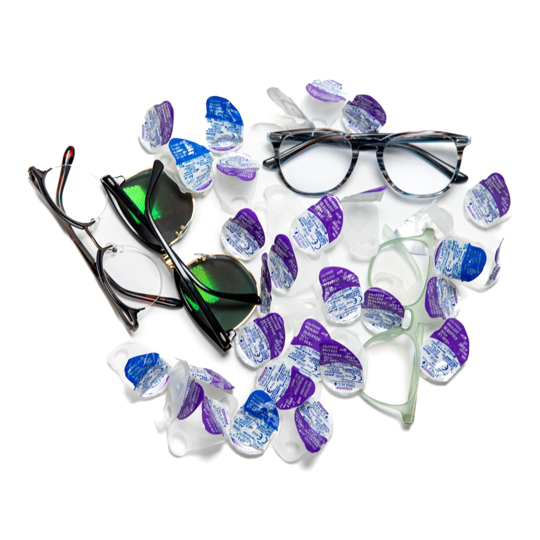 Eyewear a pile of Eyewear that can be recycled