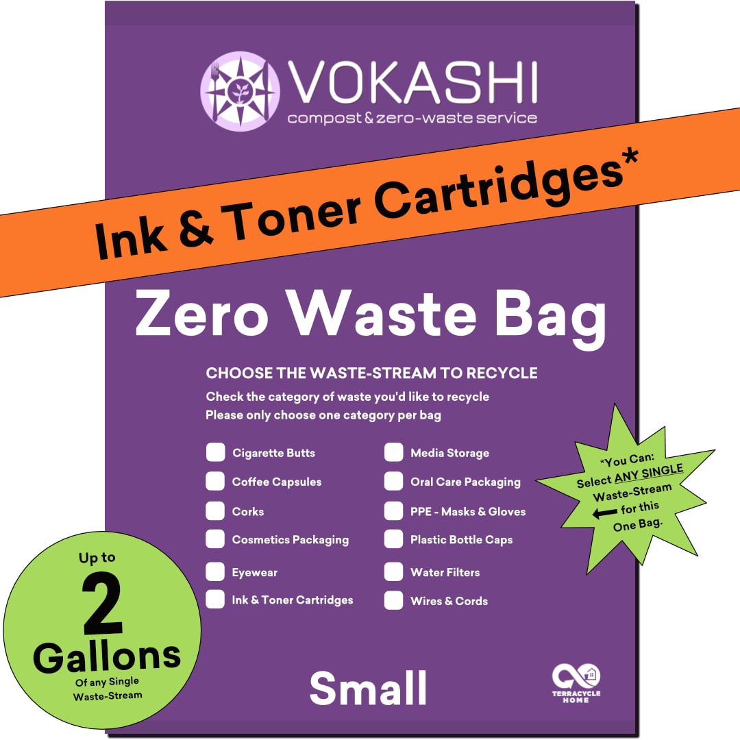 A 2 Gallon, Small, purple bag for recycling Ink & Toner Cartridges or other hard-to-recycle waste streams