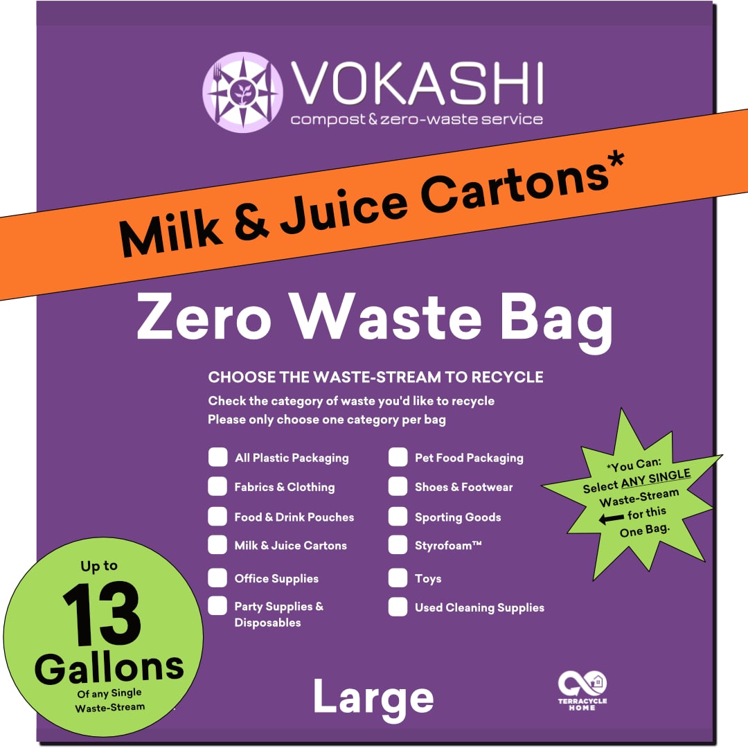 A 13 Gallon, Large, purple bag for recycling Milk & Juice Cartons or other hard-to-recycle waste streams