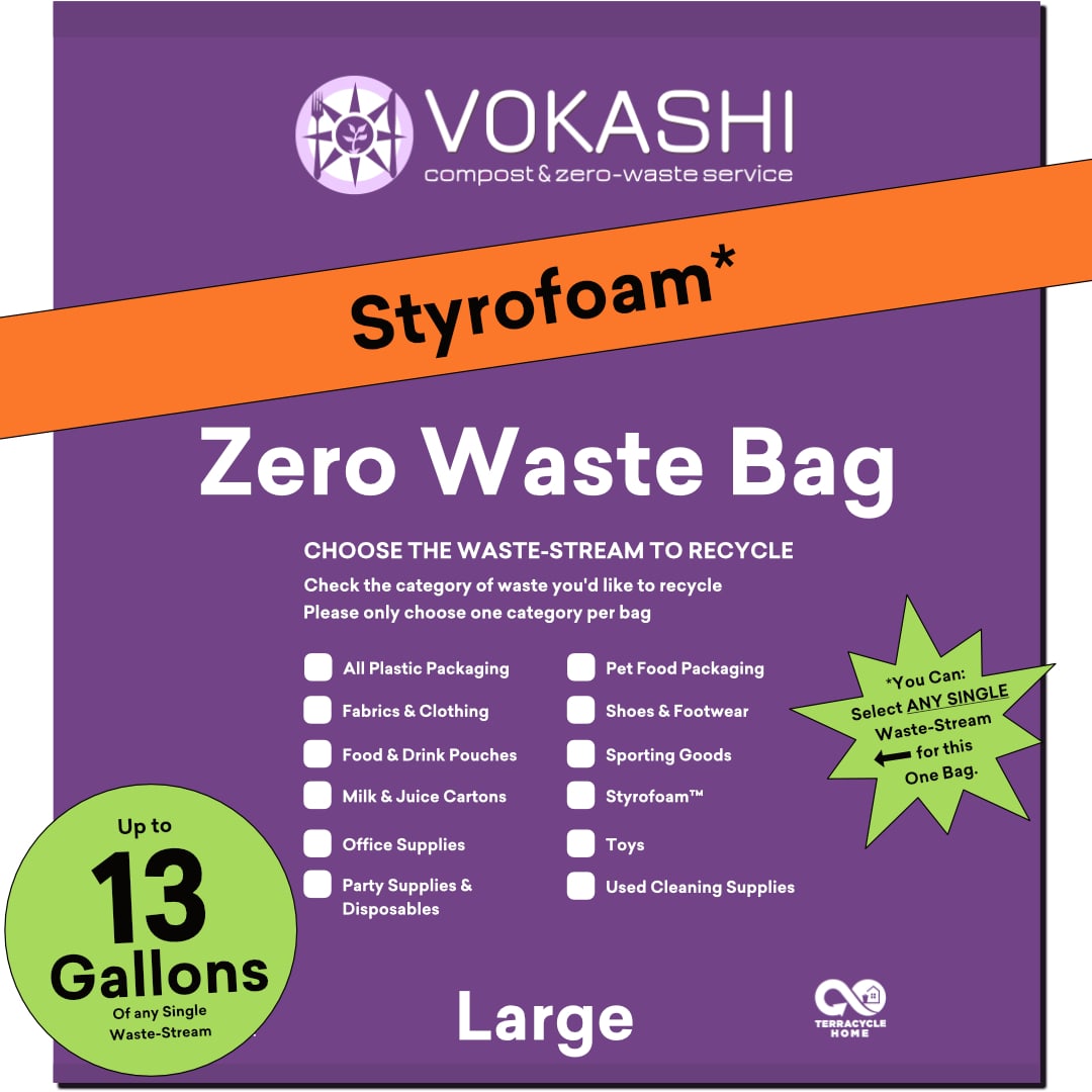 A 13 Gallon, Large, purple bag for recycling Styrofoam or other hard-to-recycle waste streams
