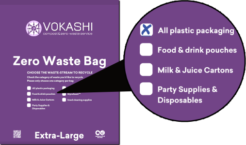 Image of a purple Vokashi Extra-Large Zero-Waste Recycling Service Bag with a blown-up section that indicates where you'll mark the waste stream